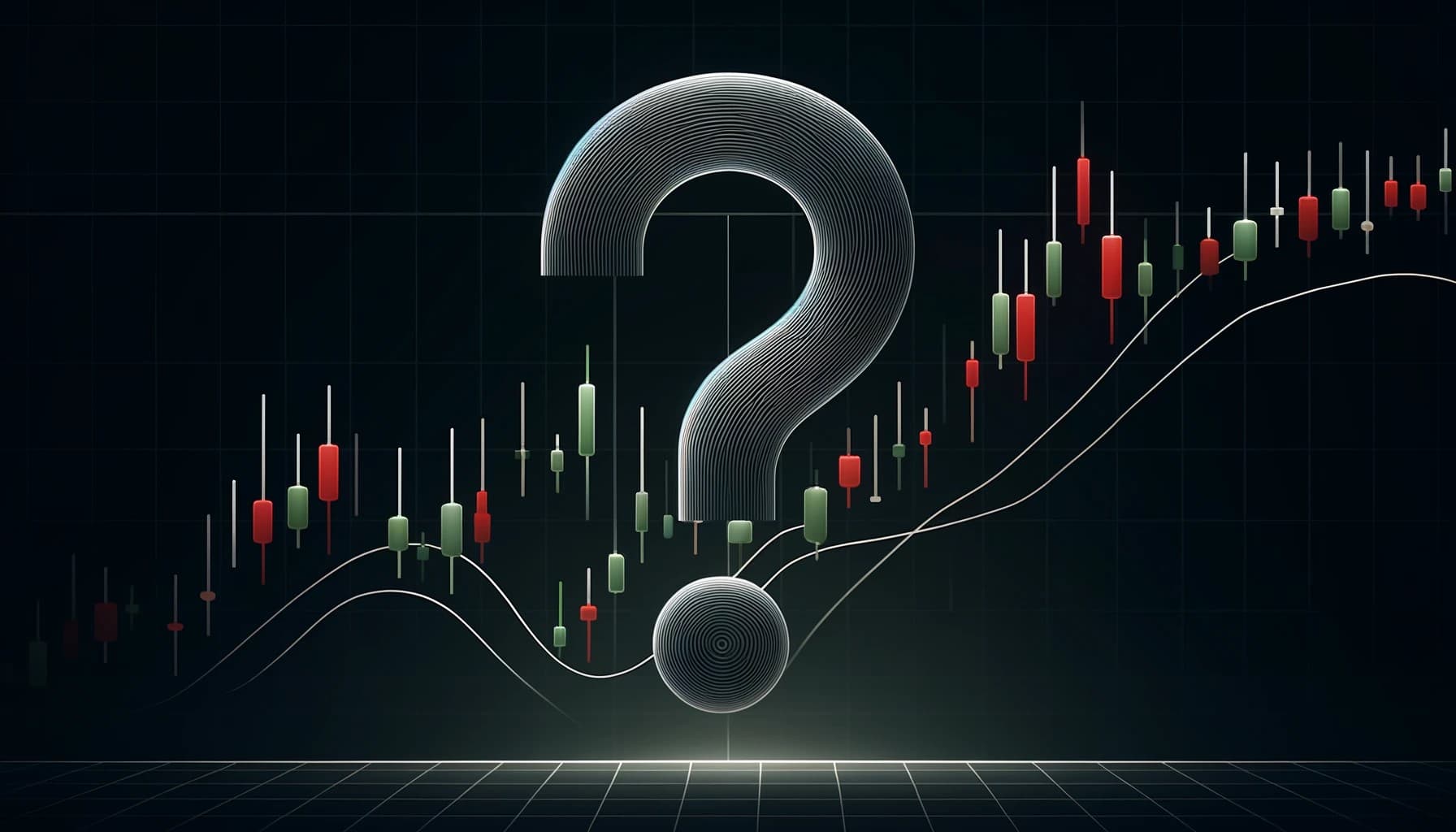 Candlestick trading chart with red and green candles overlaid with a glowing question mark symbol, representing strategy selection.