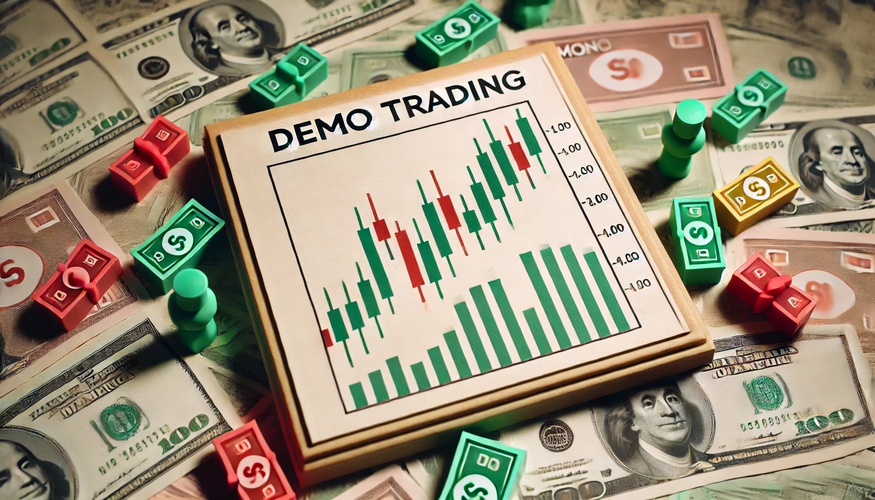 Trading chart labeled Demo Trading surrounded by board game pieces and dollar bills, illustrating risk-free strategy testing.