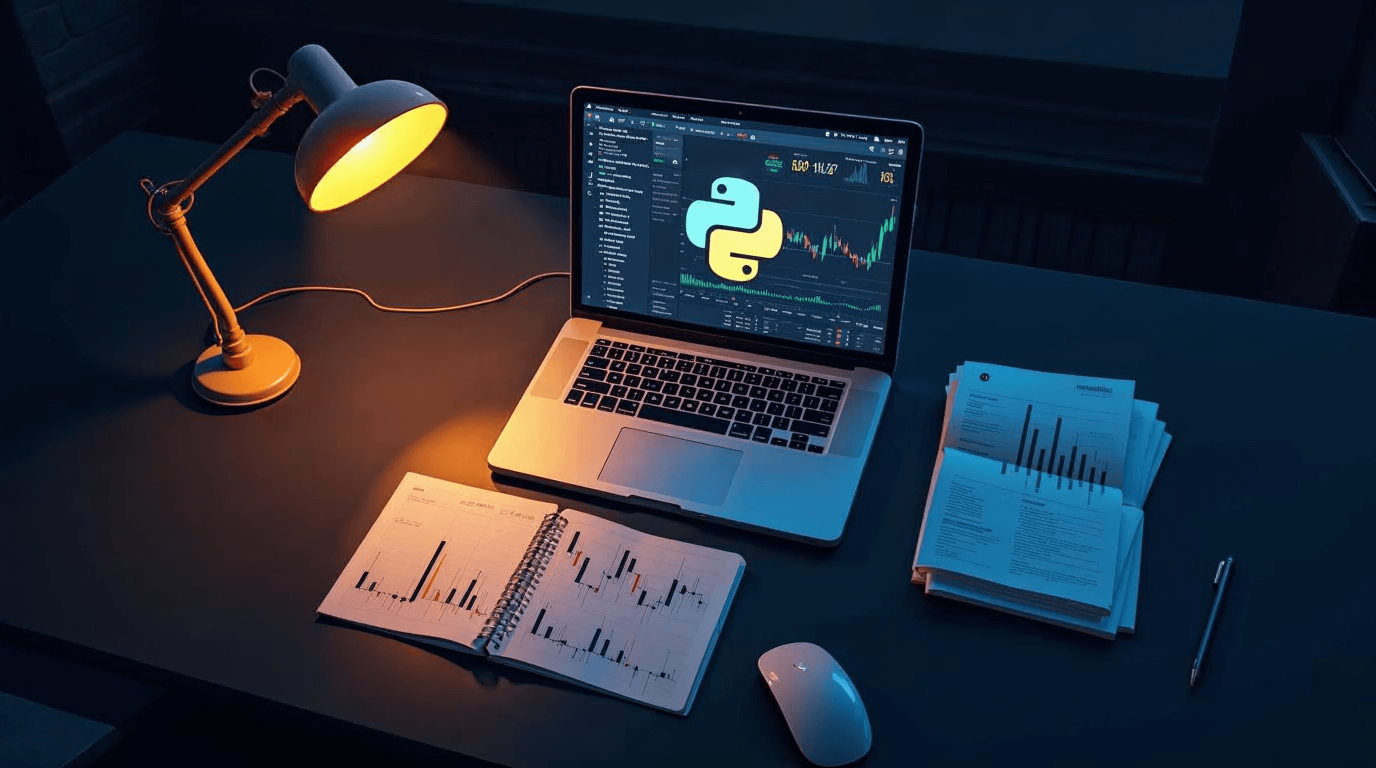 Trading desk with Python code on a monitor, representing automated crypto performance analysis.