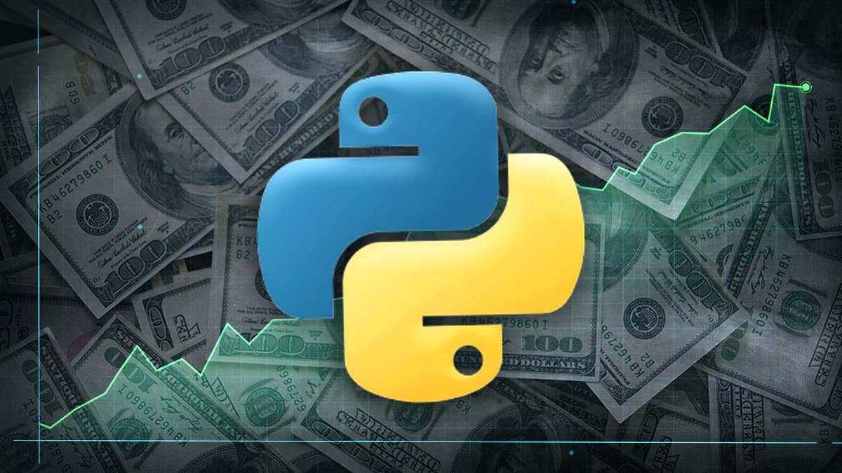 Python logo over $100 bills and rising stock chart symbolizing Python finance programming and algorithmic trading.